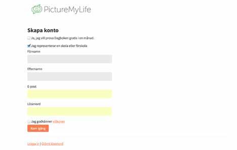 . Så startar administratören en Dagbok för brukaren Börja med att logga in på: https://hello.picturemylife.se Administratören fyller i följande uppgifter.. Administratörens för- och efternamn.