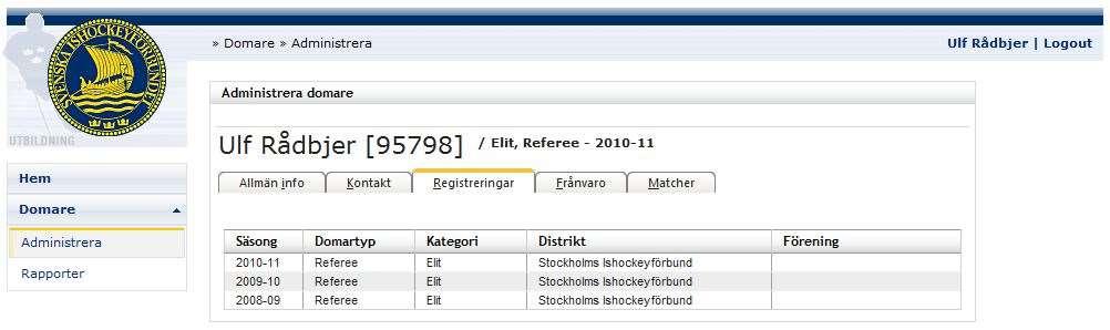 2.3 Registreringar Klicka på fliken Registrering för att visa dina säsongsregistreringar. 2.4 Frånvaro Klicka på fliken Frånvaro för visa/registrera tillfällen då du är frånvarande och inte kan döma.