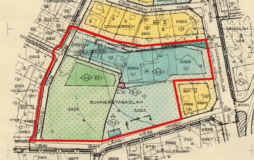 Bilden visar aktuell detaljplan för området (från1971). Röd gräns visar denna detaljplans angränsning.