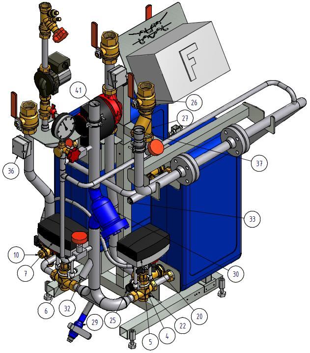 1.7 Produktöversikt Midi Compact TA2222 med horisontell mätsträcka Alfa Laval Midi Compact Bild 5 Bild 6 1 Värmeväxlare, värme 23 Avstängningsventil, värme tillopp 2 Värmeväxlare, varmvatten 24 Pump,