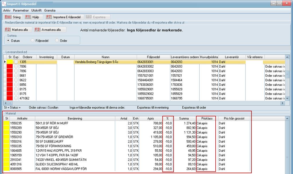 Kolumnen St visar Status och betyder: Status RÖD artikeln finns inte i grossistens prislista Status SVART rad exporteras som dold till ordern Status