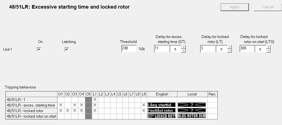 4.3 Undersökning av långa starttider/låst rotor 48/51LR Figur 13- Inställda värden på reläskyddsparametrarna 48/51LR För att se om funktionen långstarttid fungerade korrekt så