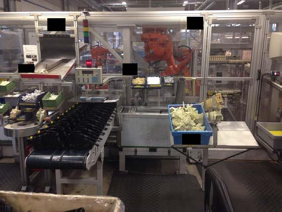 Monteringslinorna innehåller ca 42 olika komponenter och vissa av dem kräver EUR-pallar som förvaring. Det leder till att flertalet EUR-pallar står utplacerade inne i produktionscellen och tar plats.