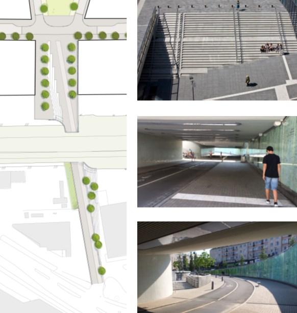 Gång- och cykeltunneln utformas för tillgänglighet och trygghet: maximal lutning 5 %, bredd 9 meter, takhöjd 3,1 meter och ljusa väggar.