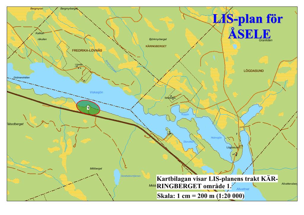 5. Käringberget Allmän beskrivning Området ligger ca 7 km öster om Fredrika efter riksväg 92 i riktning mot Umeå vid Viskasjön. Viskasjön har en strandskyddszon om 100 meter från strandlinjen.