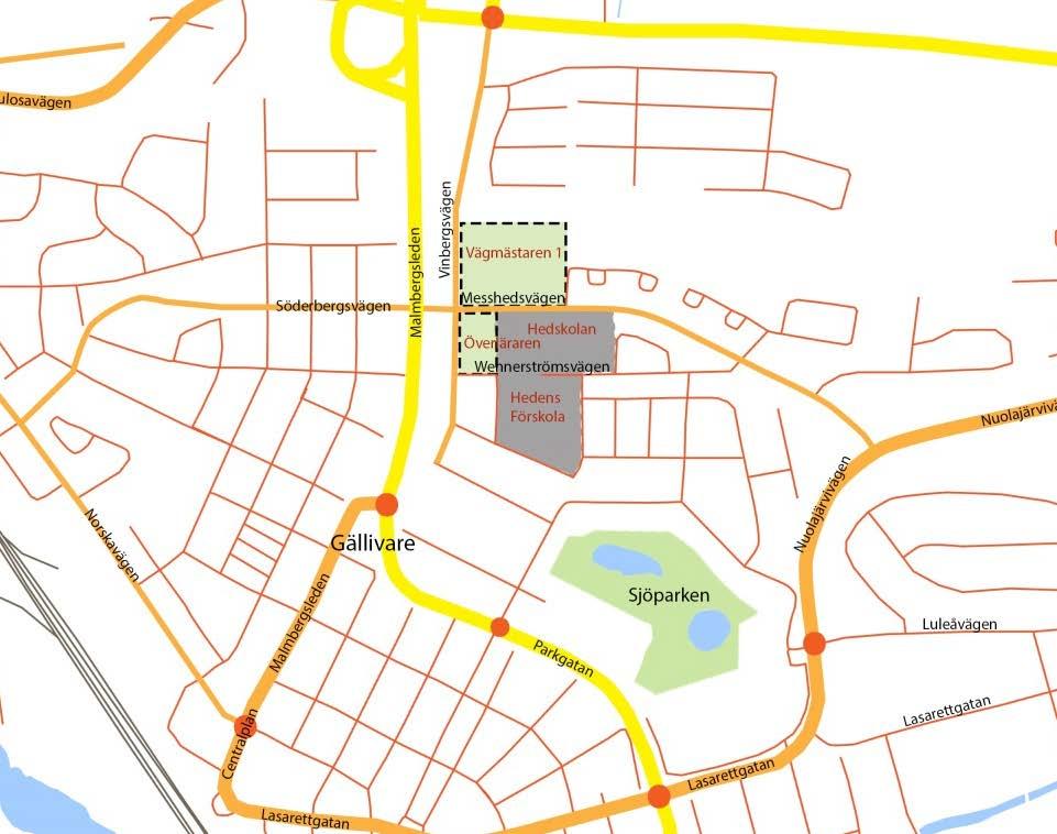 2. Nulägesbeskrivning 2.1 Lokalisering Utredningsområdet ligger ca en kilometer norr om Gällivare centrum och omfattar delarna Vägmästaren, Överläraren och Hedskolan, se figur 1 nedan.