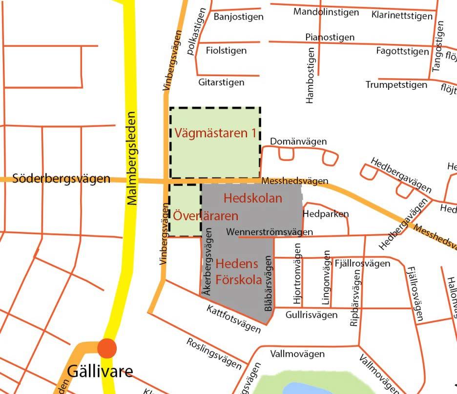 2.3 Trafik Vägnätet i anslutning till planområdet redovisas översiktligt i figur 3 nedan. I figuren visas även Hedens förskola som ligger söder om Hedskolan. Figur 3.