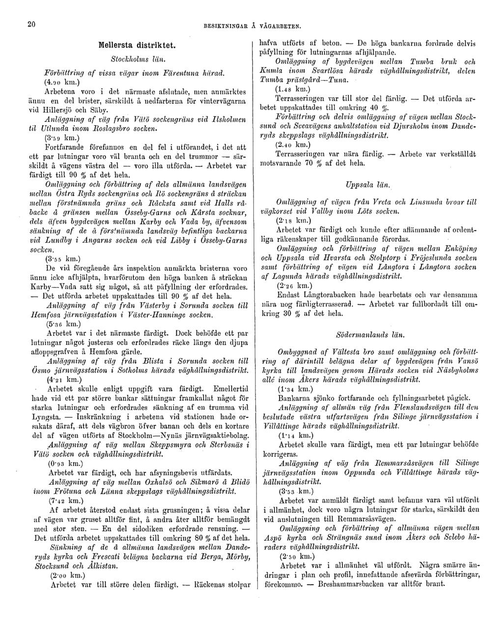 20 BESIKTNINGAR Å VÄGARBETEN. Mellersta distriktet. Stockholms Förbättring af vissa vägar inom Färentuna härad. (4.9 0 km.