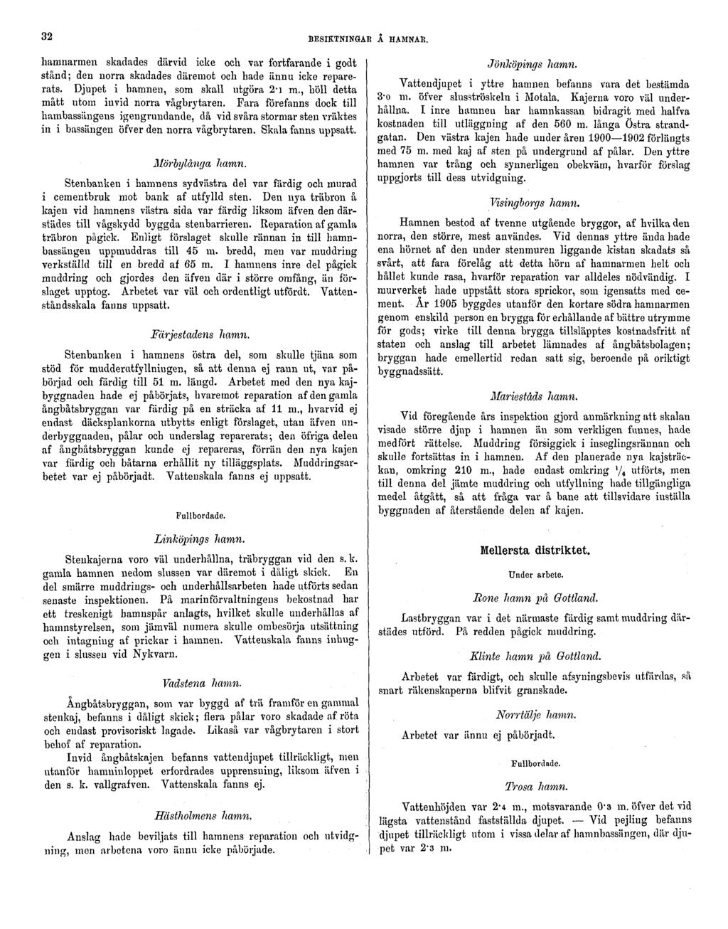 32 BESIKTNINGAR Å HAMNAR. hamnarmen skadades därvid icke och var fortfarande i godt stånd; den norra skadades däremot och hade ännu icke reparerats. Djupet i hamnen, som skall utgöra 2-1 m.