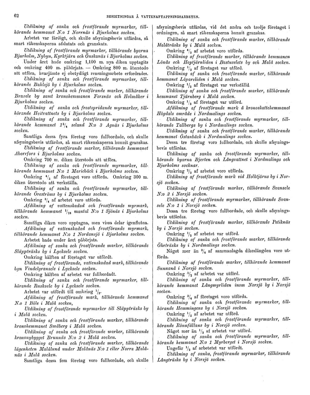 62 BESIKTNINGAR Å VATTENAFTAPPNINGSARBETEN. Utdikning af sanlca och frostförande myrmarker, tillhörande hemmanet No 1 Norrnäs i Bjurholms.