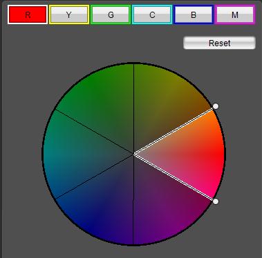 Ställa in färg Du kan ställa in det valda färgområdet med färgton, färgmättnad och skärpa. 2 Välj det färgområde du vill ställa in.