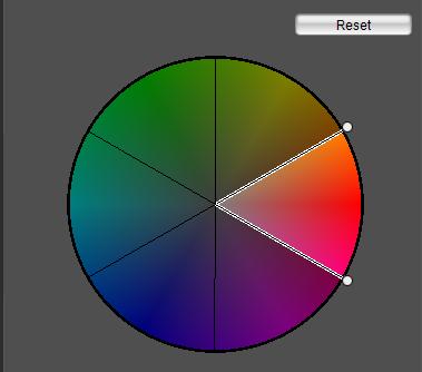 18) Knappar för färgtonsområde (den här sidan) Färginställningscirkel (den här sidan) 3 Välj det färgområde du vill ställa in i färgcirkeln.