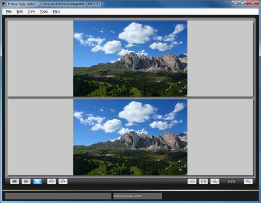 Du kan visa en bild före och efter redigering i samma och kontrollera resultatet samtidigt som du gör inställningarna. Välj [ ] eller [ ].