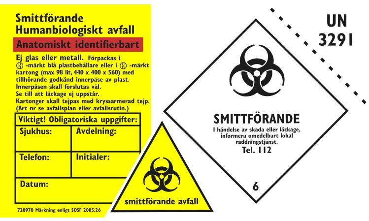 2018-05-16 25990 5 (8) Smittförande avfall Humanbiologiskt - Anatomiskt identifierbart VIKTIGT att förpackningen märks med denna etikett innan utplacering på avdelningen Kroppsdelar, kasserat