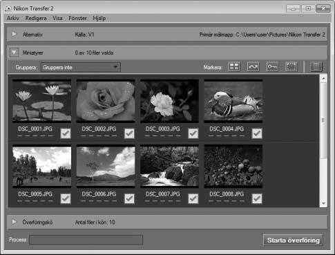 3 Klicka på Starta överföring. Med standardinställningarna kopieras alla bilder på minneskortet till datorn. Klicka på Starta överföring 4 Avsluta anslutningen.