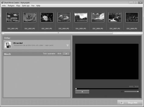 Skapa kortfilmer Använd den medföljande programvaran Short Movie Creator för att skapa filmer där du kombinerar fotografier tagna i stillbildsläge eller Smart fotoväljarläge med rörliga foton,
