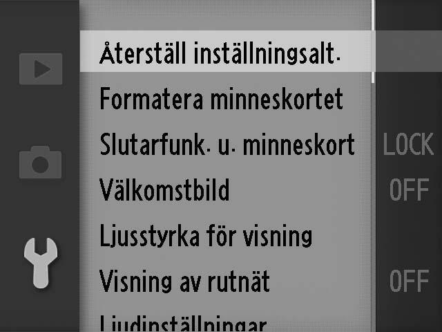 G-knappen Du kan nå de flesta fotograferings-, bildvisnings- och inställningsalternativen via kamerans menyer. Tryck på G- knappen för att visa menyerna.