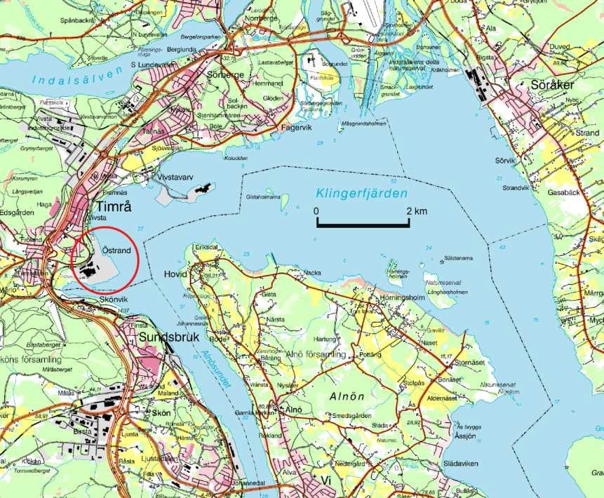 7 Lantmäteriet Medgivande R50103251_140001 Figur 1 Översiktlig placering av Östrands massafabrik (markerad med röd ring) Transporter till och från fabriken sker via landsväg, järnväg och med fartyg.
