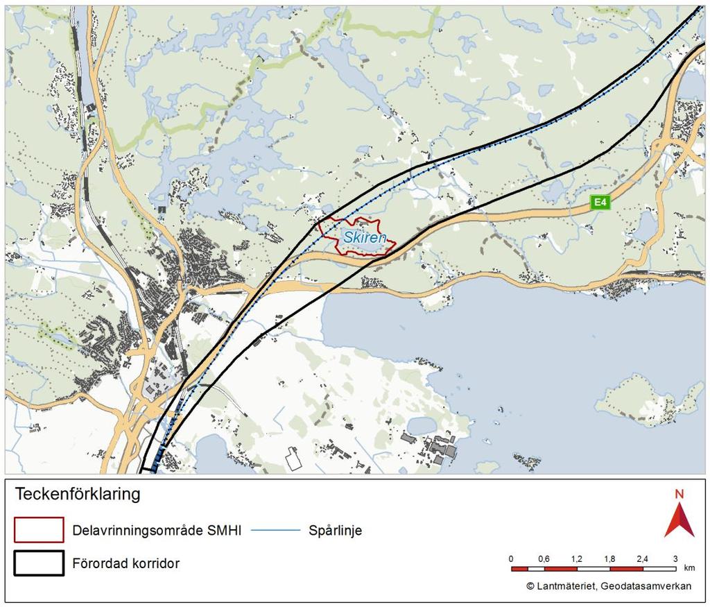 Figur 1. Sjön Skiren och avrinningsområde (SMHI) i förhållande till förordad korridor och planerad spårlinje. 3.2.
