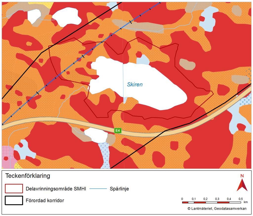 Figur 2. Jordartskarta (SGU) med Sjön Skiren samt avrinningsområde (SMHI) i förhållande till förordad korridor och planerad spårlinje 3.