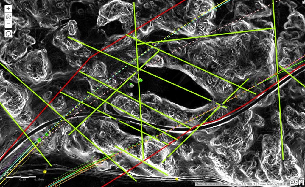 Figur 3. Bilden visar Skiren med tolkade strukturer och studerade linjealternativ.