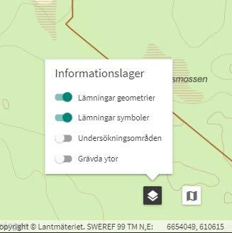 Under informationslager kan du tända och släcka lager för lämningarnas geometrier och symboler, samt för uppdragsregistrets undersökningsområden och grävda ytor.