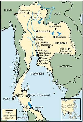 Yta 513 115 km2 (2017) Tid svensk + 6 timmar Angränsande land/länder Burma, Laos, Kambodja, Malaysia Huvudstad med antal invånare Bangkok 6 800 000 (utan förstäder, uppskattning 2012) Övriga större