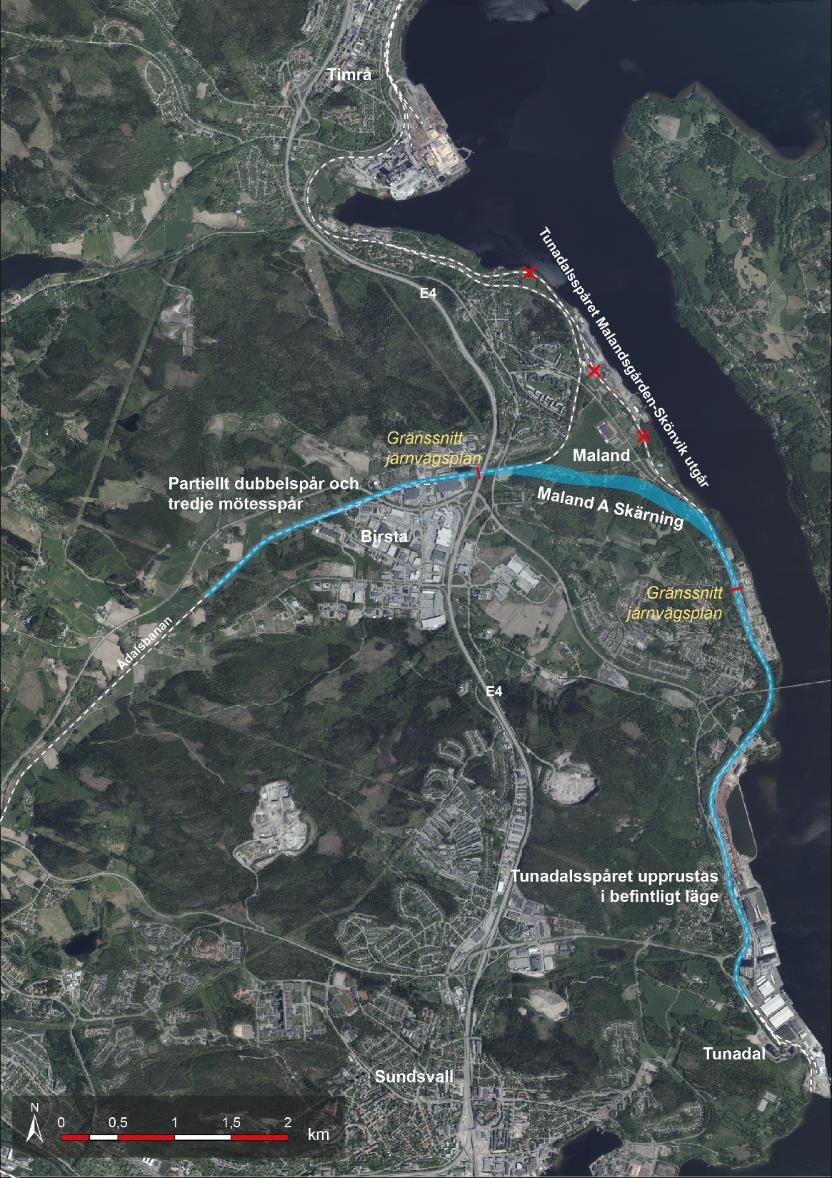 MINNESANTECKNINGAR 8 (13) Trafikverkets förslag till helhetslösning för projektet framgår av nedanstående figur och innehåller: Upprustning Tunadalsspåret Ny södergående anslutning mellan Ådalsbanan
