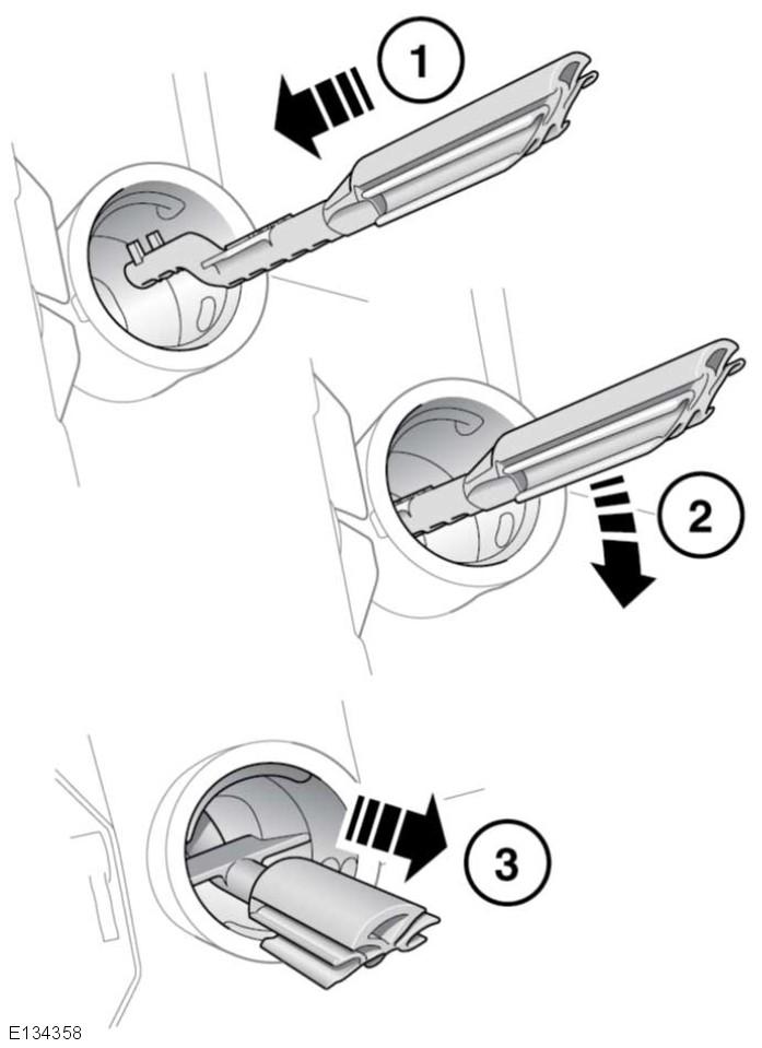 L Bränsle och tankning Använd följande instruktioner för återställningsverktyget: 1. Sätt in återställningsverktyget med tänderna uppåt i påfyllningsröret så långt det går. 2.