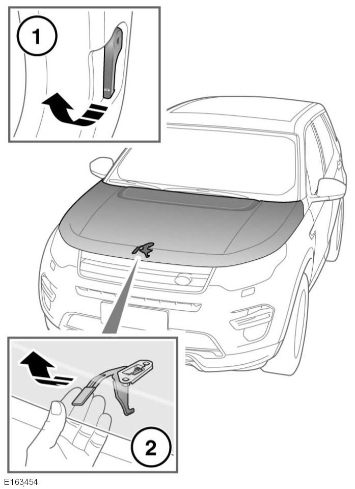 L Underhåll ÖPPNING AV MOTORHUVEN 3. Försök att lyfta framkanten på motorhuven för att kontrollera att båda spärrarna har fullt ingrepp. För att öppna motorhuven: 1.