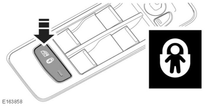 R Barnsäkerhet BARNSÄKRA LÅS Om barn ska åka i baksätet bör bakdörrarnas inre låshandtag spärras. Tryck på knappen för att aktivera barnsäkerhetslåsen och spärra bakrutorna.