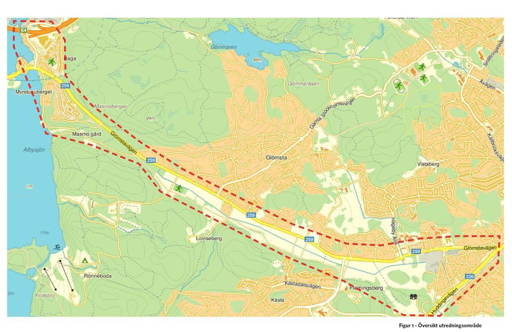 3 (16) Åtgärdsvalsstudiens utredningsområde består av väg 259 och dess närområde på sträckan genom Glömstadalen mellan E4 och väg 226 inom Huddinge kommun.