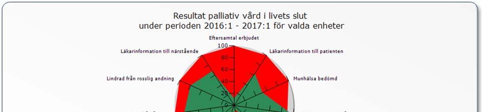 17(20) Spindeldiagrammet visar tydligt vilka områden vi måste bli bättre på, bland annat att dokumentera validerad smärtskattning samt att erbjuda efterlevandesamtal.