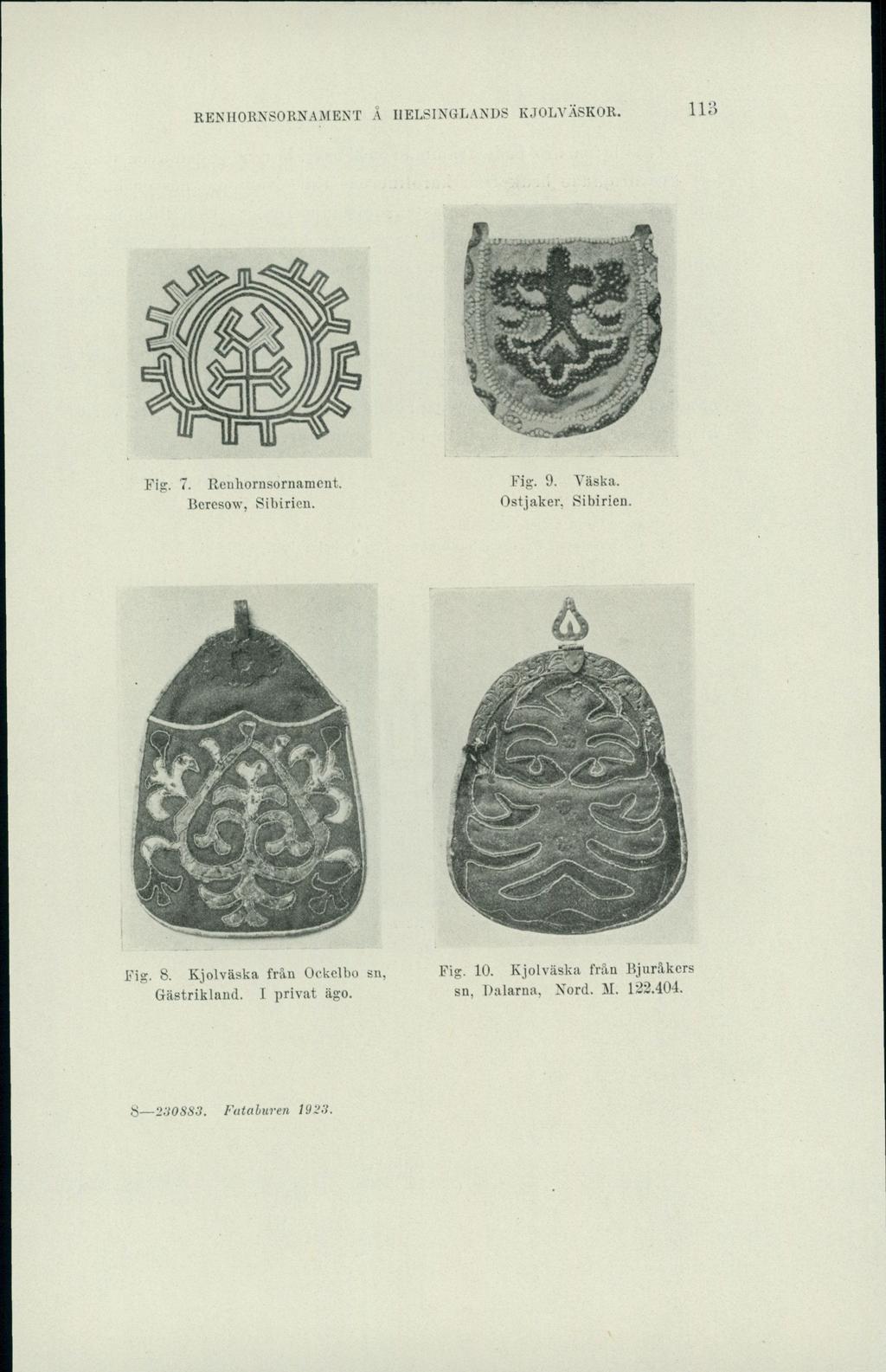 RENHORNSORNAMENT Å I1ELSINGLANDS KJOLVÄSKOR. m *é Fig. 7. Renhornsornament. Beresow, Sibirien. Fig. 9. Väska. Ostjaker, Sibirien. Fig. 8.