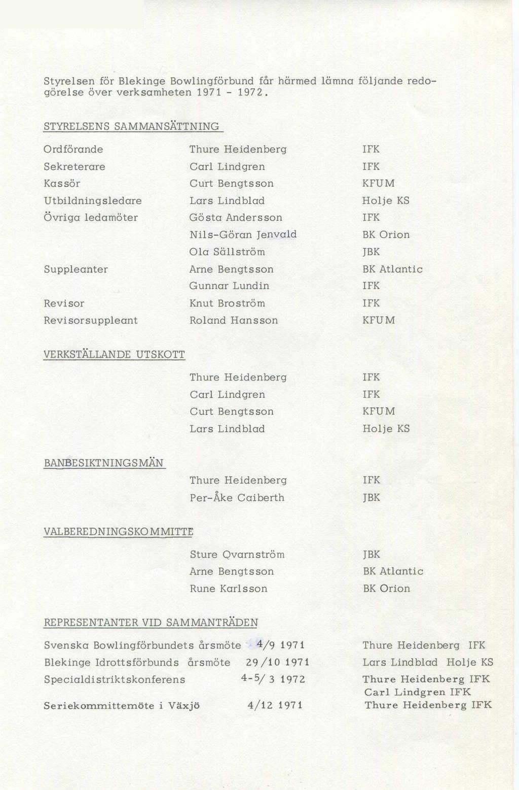 Styrelsen för Blekinge Bowlingförbund får härmed lämna följande redogörelse över verksamheten 1971-1972.