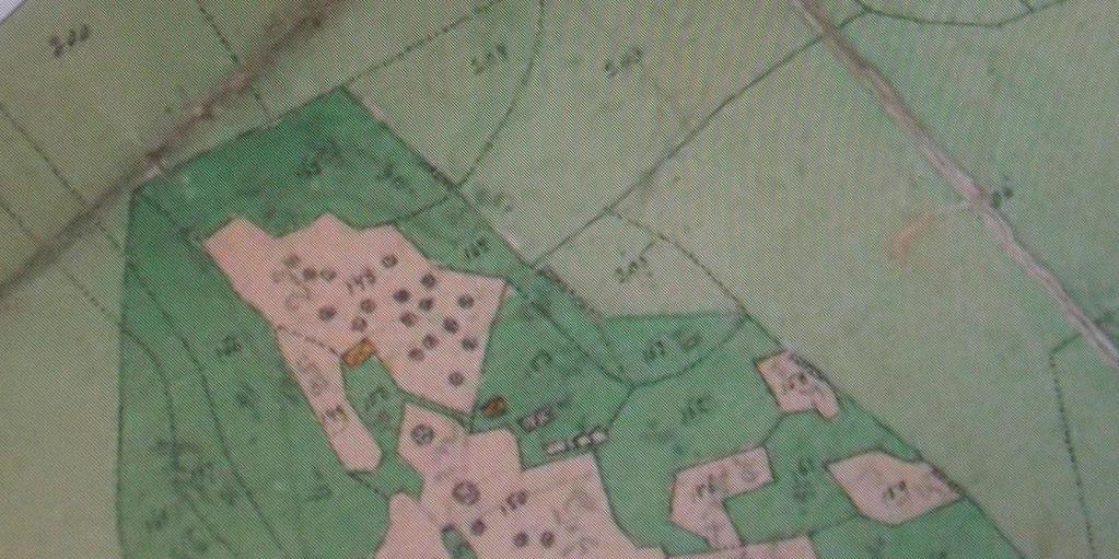 Karta över Nybygget från slutet av 1800-talet, med liten stuga och ladugård.