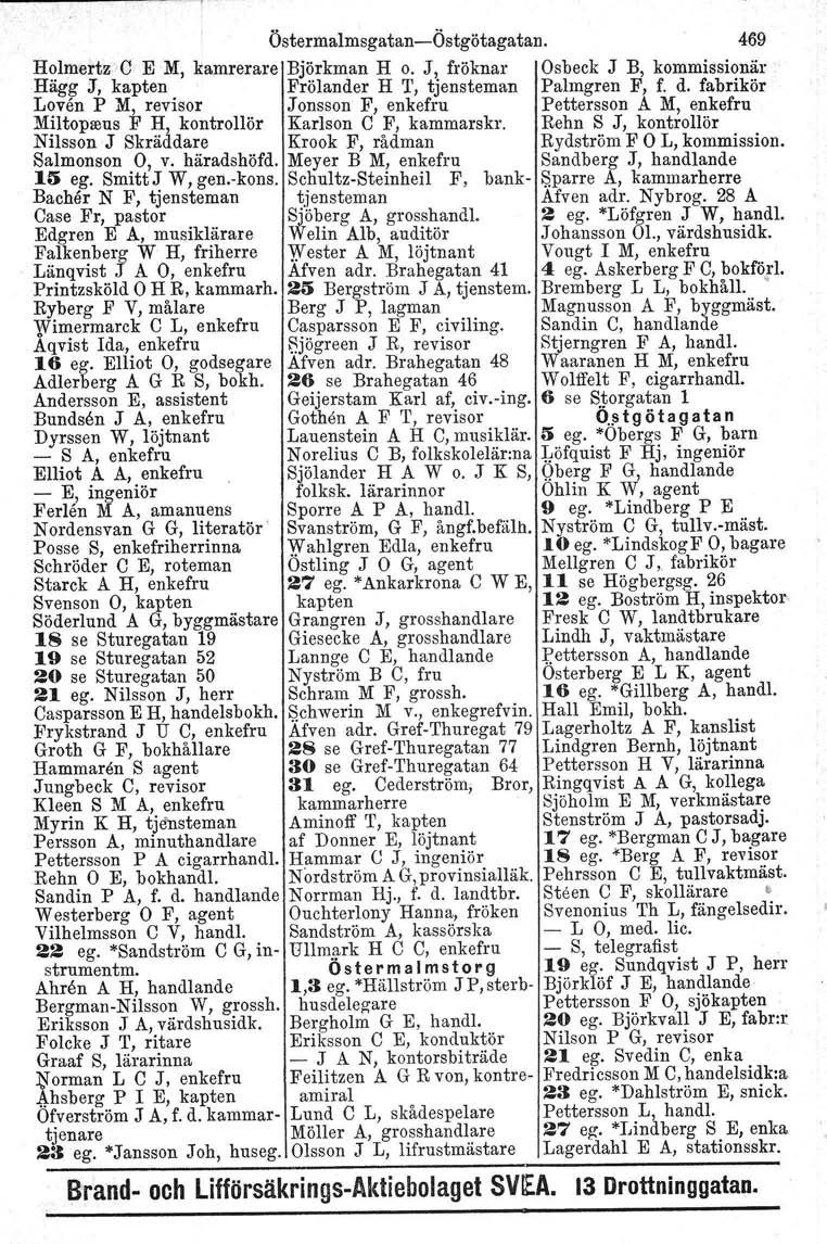 Östermalmsgatan-Östgötagatan. 469 H?lmertz C E M, kamrerare Björkman H o. J, fröknar Osbeck J B, kommissionär Hagg J, kapten Frölander H T, tjensteman Palmgren F, f. d.