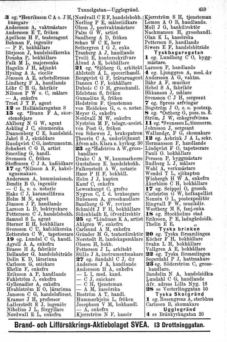 Tunnelgatan- Ugglegränd. 459.:J eg;-"'p}:enrlll:ssone A o. J H, Nordvall e E F, handelsbokh. Kjerrström S H, tjensteman hij.segåref, Norlirig P E, måleri idkare Lemon A o B, handlande.