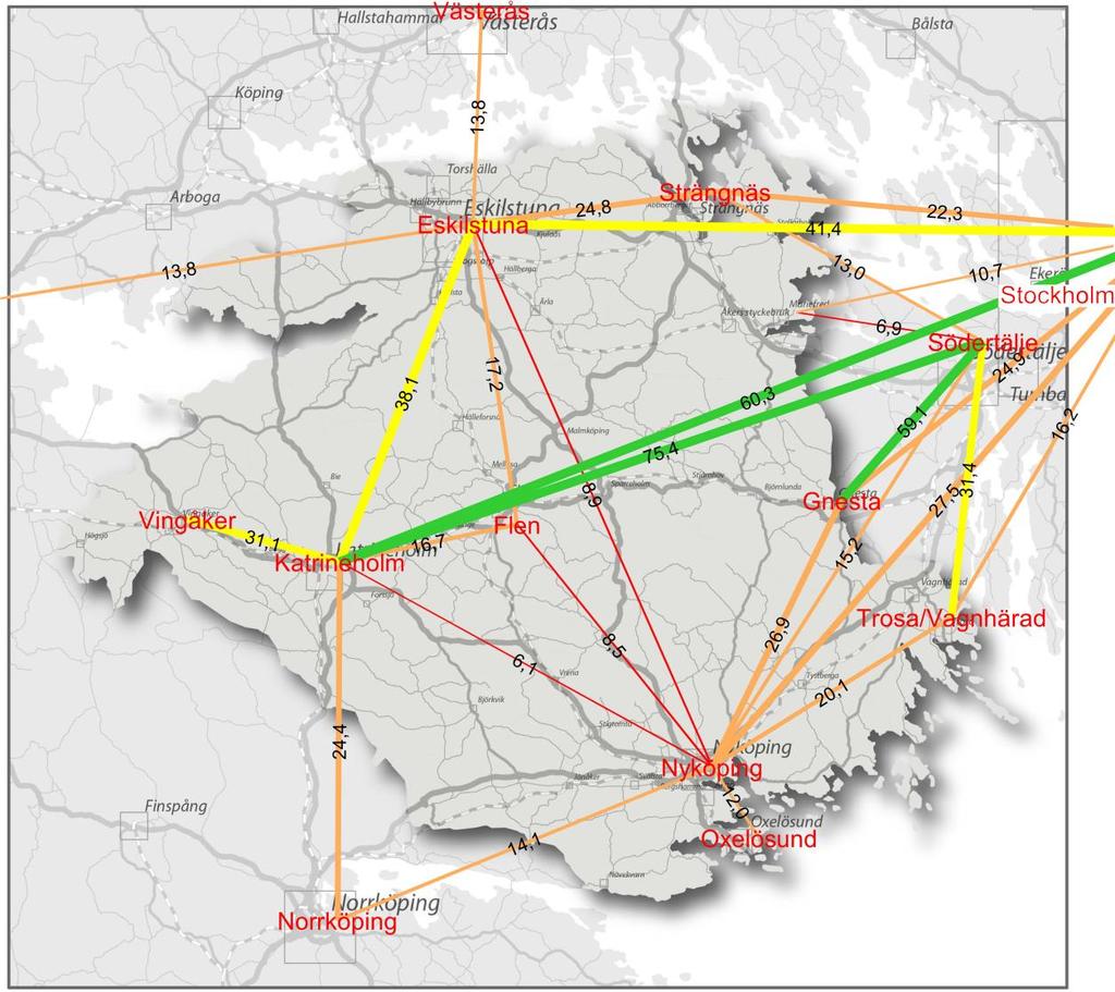 Det totala kollektivtrafikresandet i utpekade regionalt starka stråk (mer än 50 kollektivtrafikresande per dag) inom samt till och från Sörmland framgår av Figur 27.