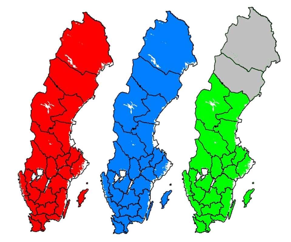 Röda, Blå och Gröna kartorna De Röda, Blå och Gröna kartorna innehåller ett kartpaket per län efter den länsindelning som gällde före 1997 (med därpå följande länssammanslagningar).