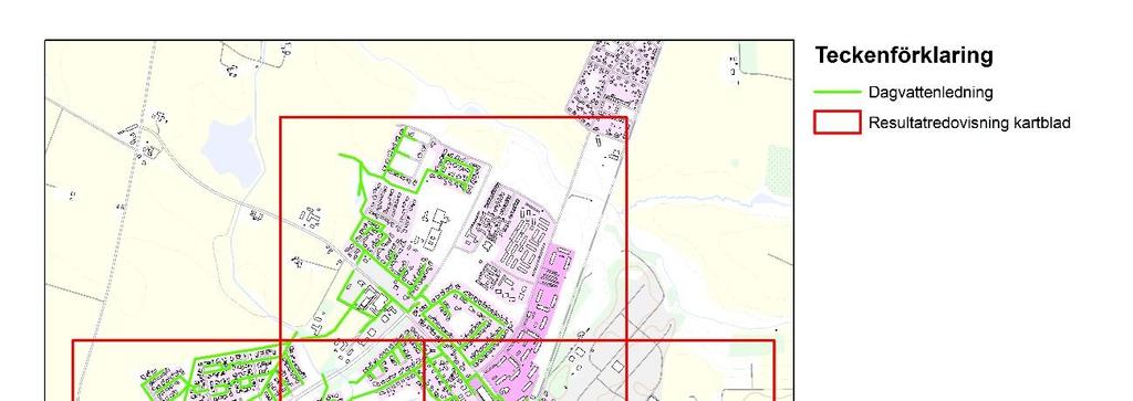 4.3 MARKÖVERSVÄMNINGAR Beräknade marköversvämningar redovisas med tre kartblad, se figur 13. I det sydöstra området ingår inte ledningsnätet i modellbeskrivningen.