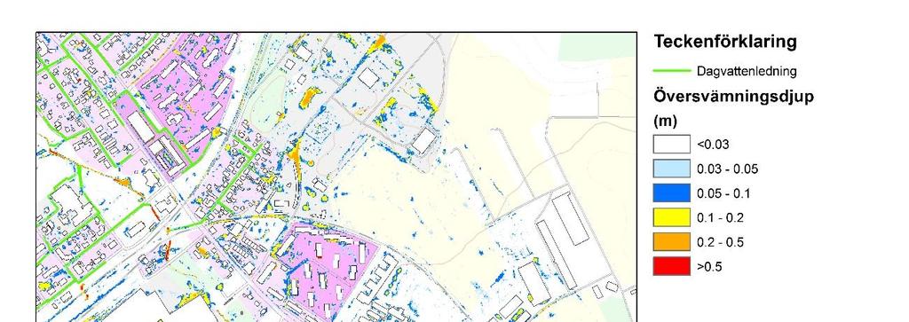 Figur 16. Marköversvämningar inom området söder om centrum (ingen beräkning av ledningskapacitet), vid 10-årsregn. 4.