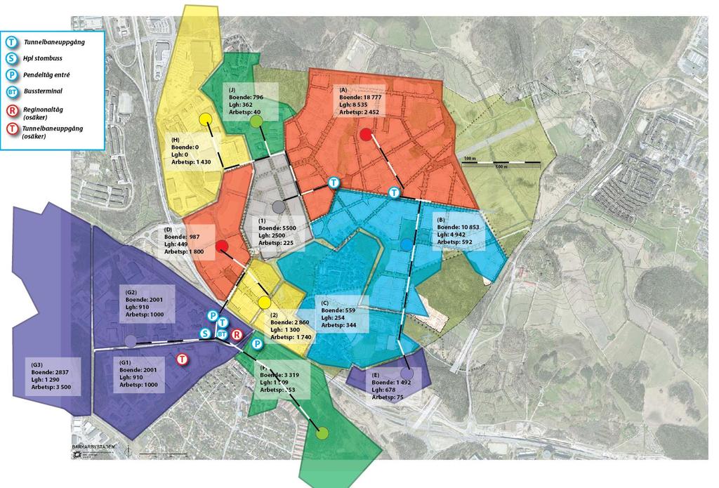 Figur 4. Förslag till reviderad finare områdesindelning. Tabell 10. Anslutningstider till närmaste tunnelbaneuppgång från de olika områdena definierade i Figur 4.