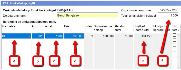 Du kommer alltid åt den här rutan igen genom att trycka på knappen Gåva+/IB som ligger till höger om Beräkning av omkostnadsbelopp när du har IB eller Gåva+ händelsen markerad.