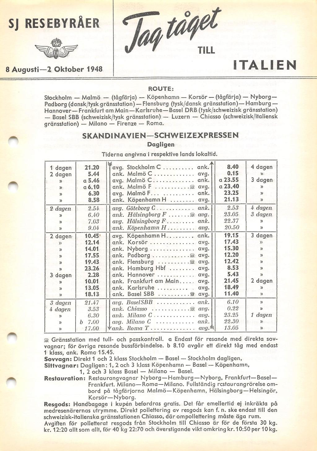 SJ RESEBYRÅER M %,LL 8 Augusti 2 Oktober 1948 ITALIEN ROUTE: Stockholm Malmö (tågfärja) Köpenhamn Korsör (tågfärja) Nyborg Padborg (dansk/tysk gränsstation) Flensburg (tysk/dansk gränsstation)