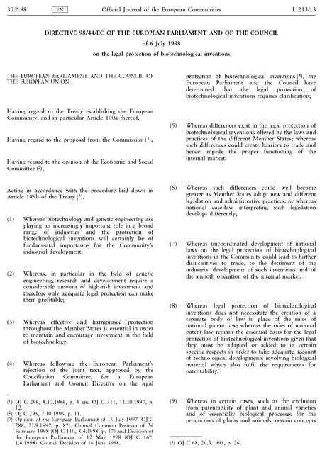 Directive 98/44/EC of the European Parliament and of the Council of 6