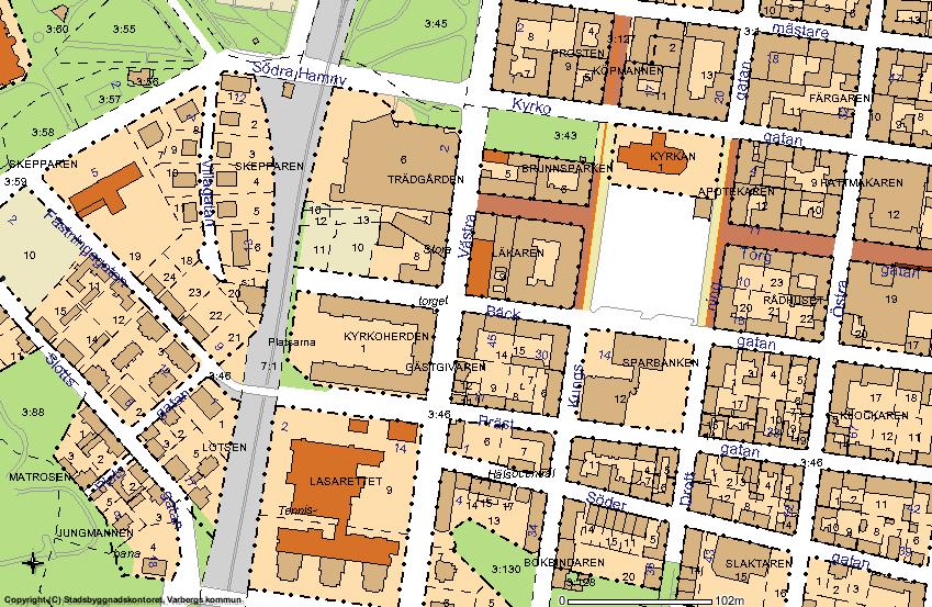 Figur 3. Mätplatsen på Västra Vallgatan i Varberg är markerad med en stjärna. Karta: Stadsbyggnadskontoret, Varbergs kommun.