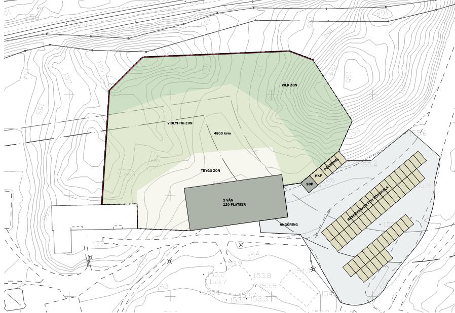 10 KVANTITATIV RISKUTREDNING MED AVSEENDE PÅ FARLIGT GODS FÖR SJÖMARKEN, BORÅS Figur 5 Alternativ B, sydlig placering av förskola (skiss av Liljewall arkitekter).