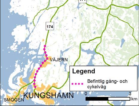 Det finns en gång- och cykelväg genom Hunnebostrand, cirka sex km söder om utredningsområdet (Figur 5). En gångoch cykelväg sträcker sig från strax norr om Väjern och vidare söderut mot Kungshamn.