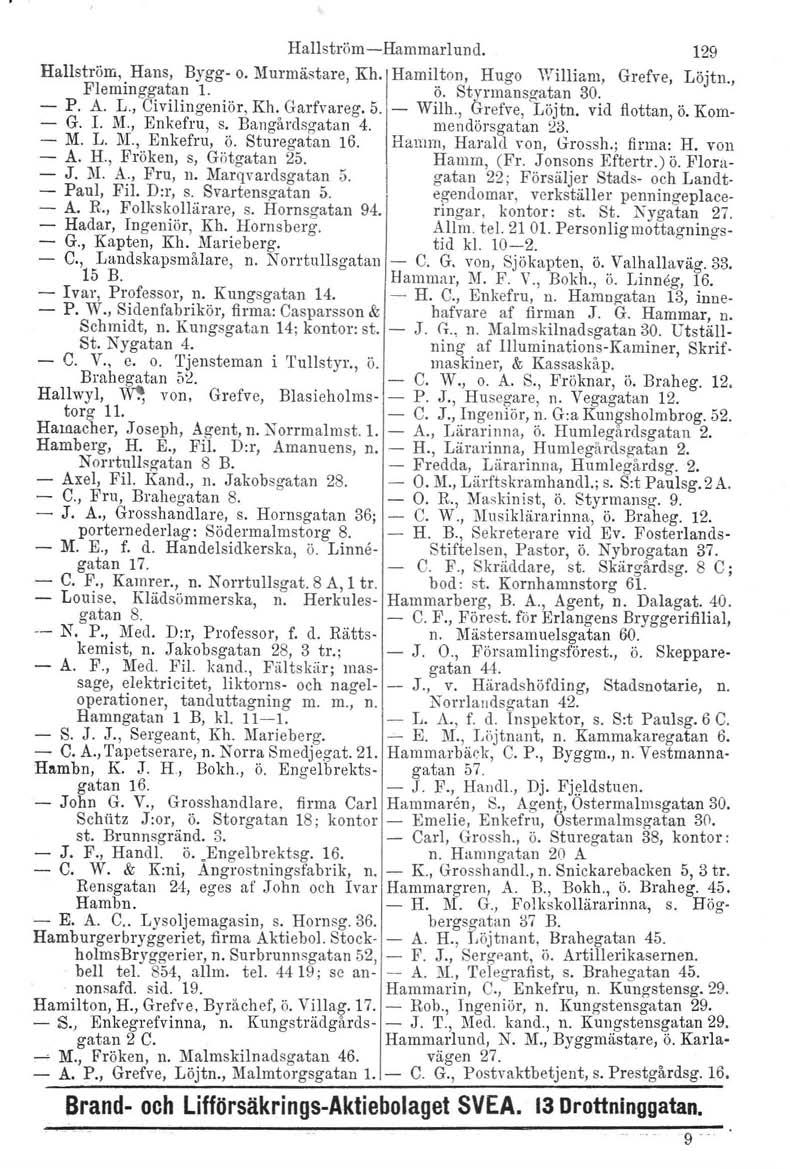 Hallström-Hammarlund. 129 Hallström,. Hans, Bygg. o. Murrnästare, Kh. Hamilton, Hugo William, Grefve, Löjtn., Flemmggatan l. ö. Styrmansgatan 30. - P. A. L., Civilingeniör, Kh. Garfvareg. 5. Wilh.